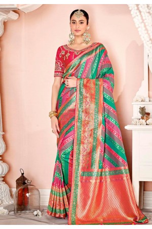 Sea green silk saree with blouse 13395