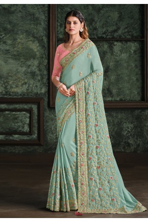 Sky blue satin silk saree with blouse 22013