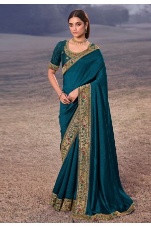 Teal silk festival wear saree 3902