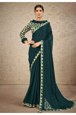 Teal silk georgette saree with blouse 41912