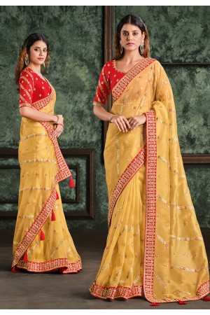 Yellow organza festival wear saree 22010