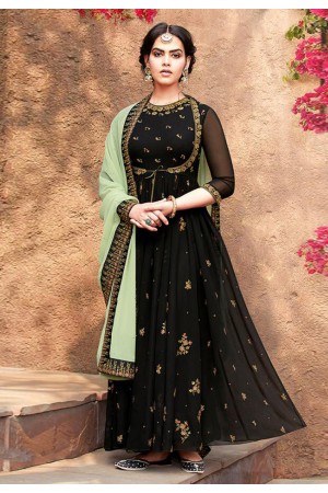 Black faux georgette embroidered ankle length anarkali suit 8003A