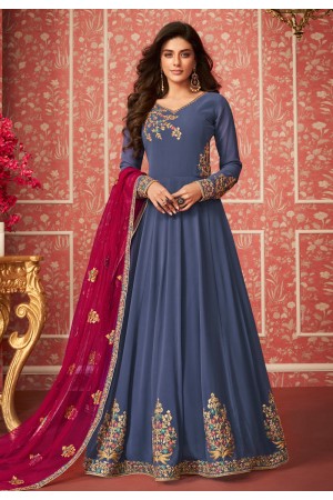 Blue georgette embroidered floor length anarkali suit 8289