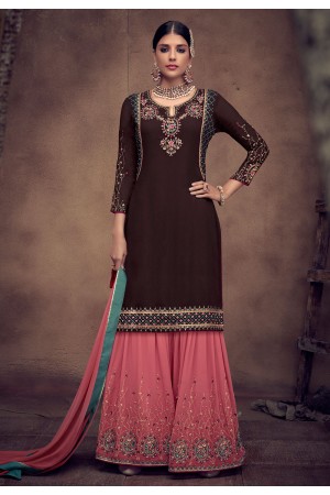 Brown georgette embroidered sharara suit 8014