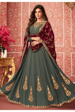 Gray georgette embroidered floor length anarkali suit 8285