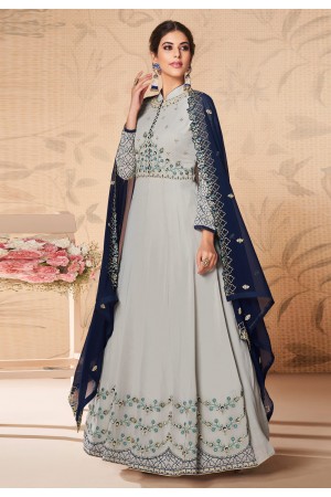 Gray georgette embroidered long anarkali suit 8309