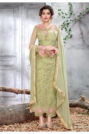 Light green net embroidered straight cut suit 5152