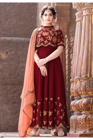 Maroon faux georgette embroidered abaya style anarkali suit 8002