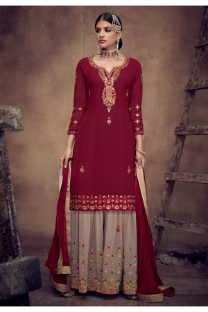 Maroon georgette embroidered sharara suit 8011