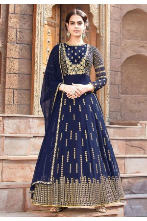 Navy blue faux georgette embroidered ankle length anarkali suit 8005