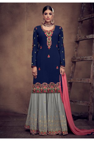 Navy blue georgette embroidered sharara suit 8015