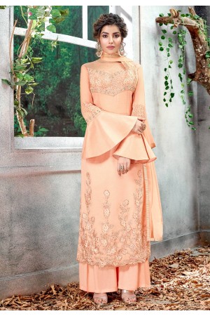 Peach silk embroidered kameez with palazzo with frill sleeve 5157