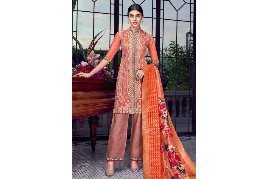 Peach Trendy Designer Readymade Pant Suit With Embroidery Work main image 0