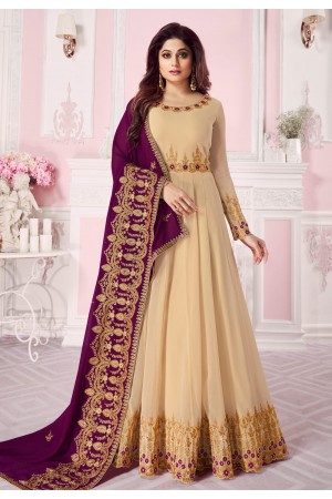 Shamita shetty beige georgette embroidered bollywood anarkali suit 8262