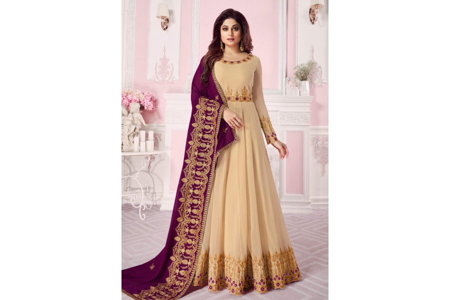 Coffee Beige Shamita Shetty Net Wedding Anarkali Suit