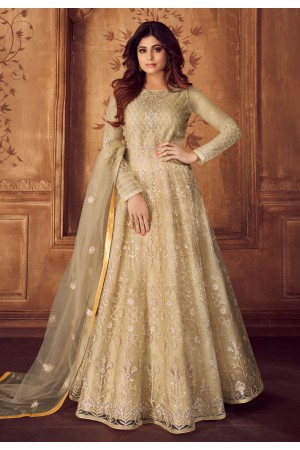 Shamita shetty beige net embroidered long anarkali suit 8245