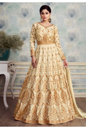 Shamita shetty beige silk embroidered floor length anarkali suit 8256