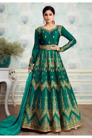 Shamita shetty green silk embroidered long anarkali suit 8254