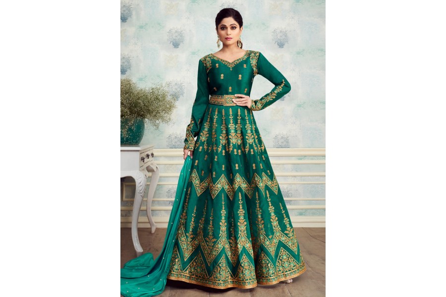 Seafoam Green Shamita Shetty Net Wedding Anarkali Suit