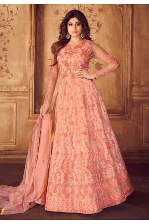 Shamita shetty peach net embroidered abaya style anarkali suit 8244