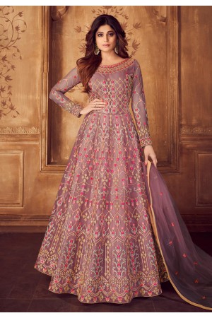 Shamita shetty pink net embroidered long anarkali suit 8243