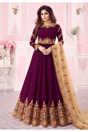 Shamita shetty purple georgette embroidered long anarkali suit 8260