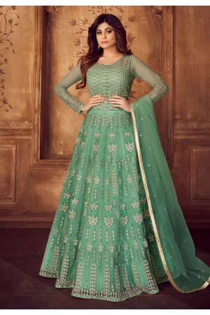 Shamita shetty sea green net embroidered floor length anarkali suit 8248