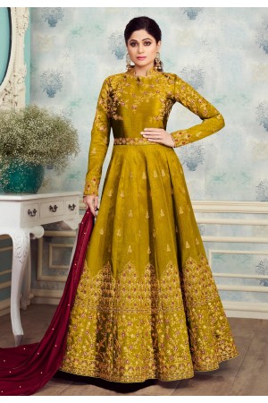 Shamita shetty shaded green silk embroidered long anarkali suit 8257