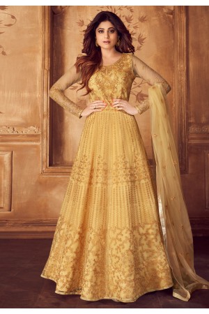 Shamita shetty yellow net embroidered long anarkali suit 8247