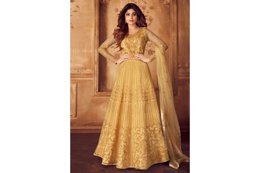 Graceful Yellow Shamita Shetty Bell Sleeved Lehenga Style Sharara Suit