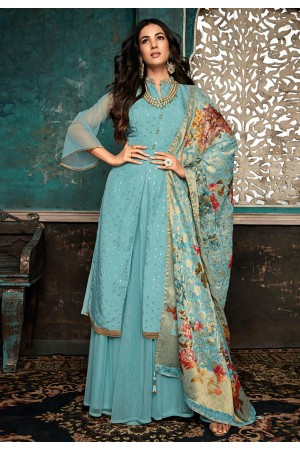 Sonal chauhan aqua silk embroidered palazzo suit 7403