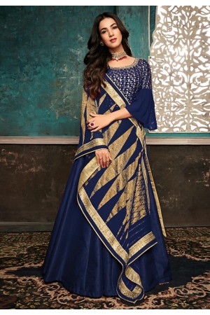 Sonal chauhan navy blue silk embroidered long anarkali suit 7407