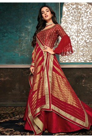 Sonal chauhan red silk embroidered bollywood anarkali suit with frill sleeve 7401