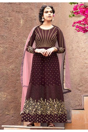 Wine faux georgette embroidered abaya style anarkali suit 8006