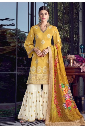 Yellow silk embroidered sharara suit 8002