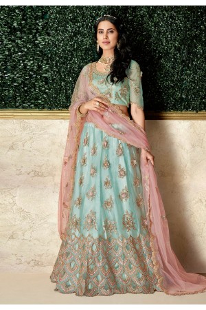 Aqua taffeta embroidered circular lehenga choli 16214