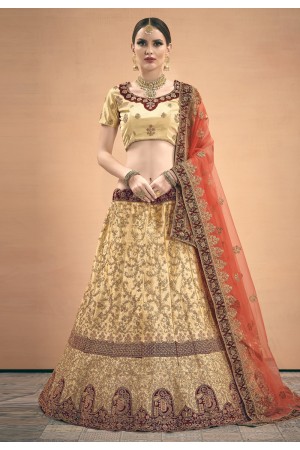 Beige satin embroidered circular lehenga choli 3002