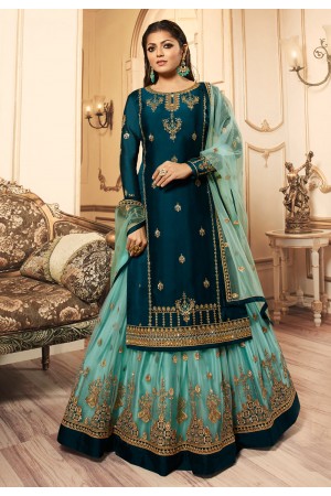 Drashti dhami teal georgette long choli lehenga 45006