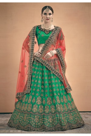 Green satin embroidered circular lehenga choli 3004