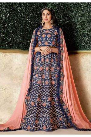 Navy blue silk embroidered circular lehenga choli 16203