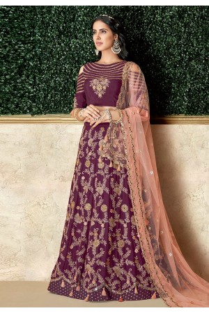 Purple silk embroidered a line lehenga choli 16204