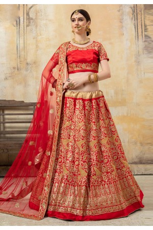 Red satin bridal lehenga choli 8002