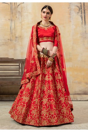 Red satin circular lehenga choli 8004