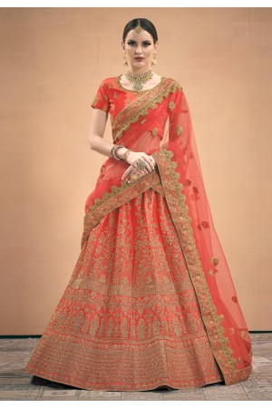 Red satin embroidered circular lehenga choli 3003