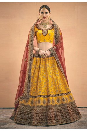 Yellow satin embroidered circular lehenga choli 3001