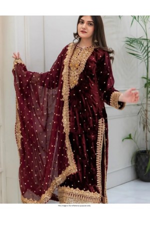 Bollywood Model Velvet heavy embroidery work Maroon suit