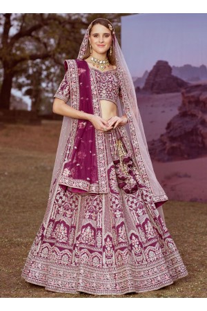 Purple Silk embroidered bridal lehenga choli with double dupatta