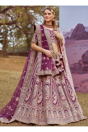 Purple Silk embroidered bridal lehenga choli with double dupatta