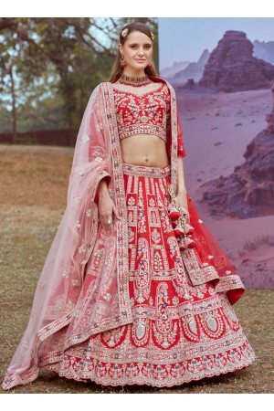 Red Silk embroidered bridal lehenga choli with double dupatta