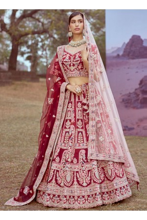 Maroon Silk embroidered bridal lehenga choli with double dupatta